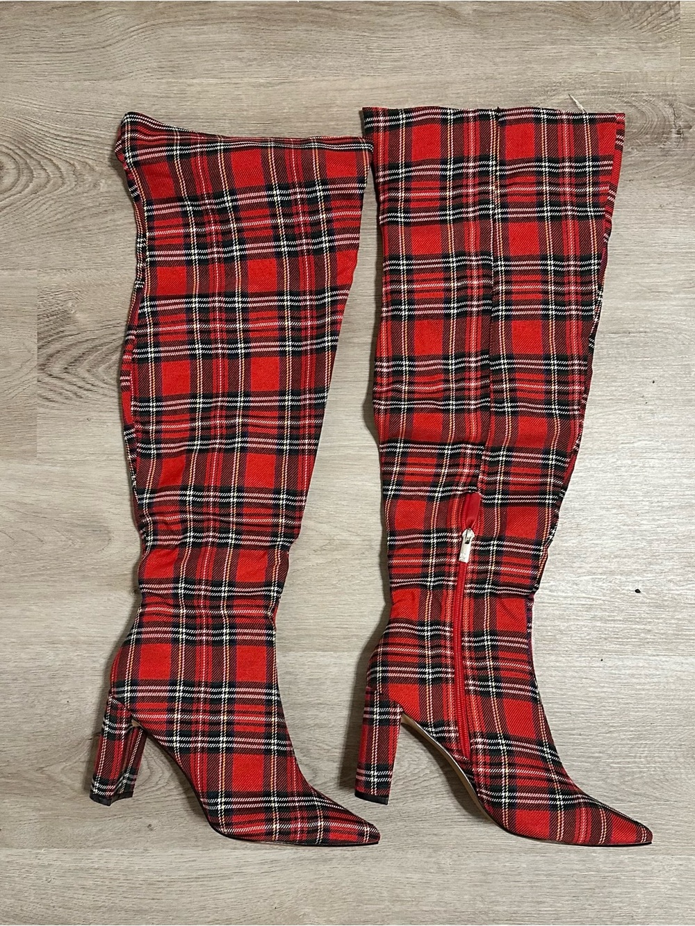 Red Tartan Over-the-Knee Heel Boots - Women